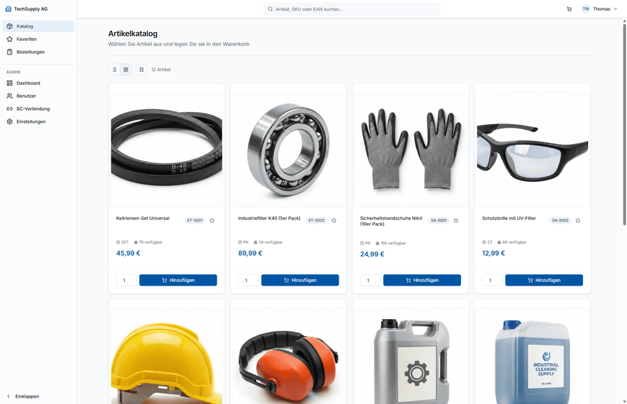 Beispielansicht eines B2B-Produktkatalogs mit Demo-Artikeln