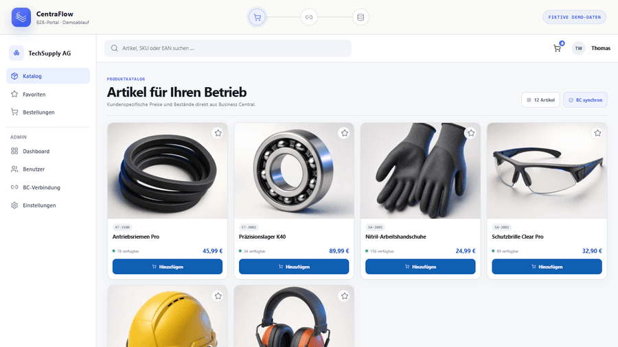 Premium-Demoansicht eines B2B-Produktkatalogs mit hochwertigen Industrieartikeln
