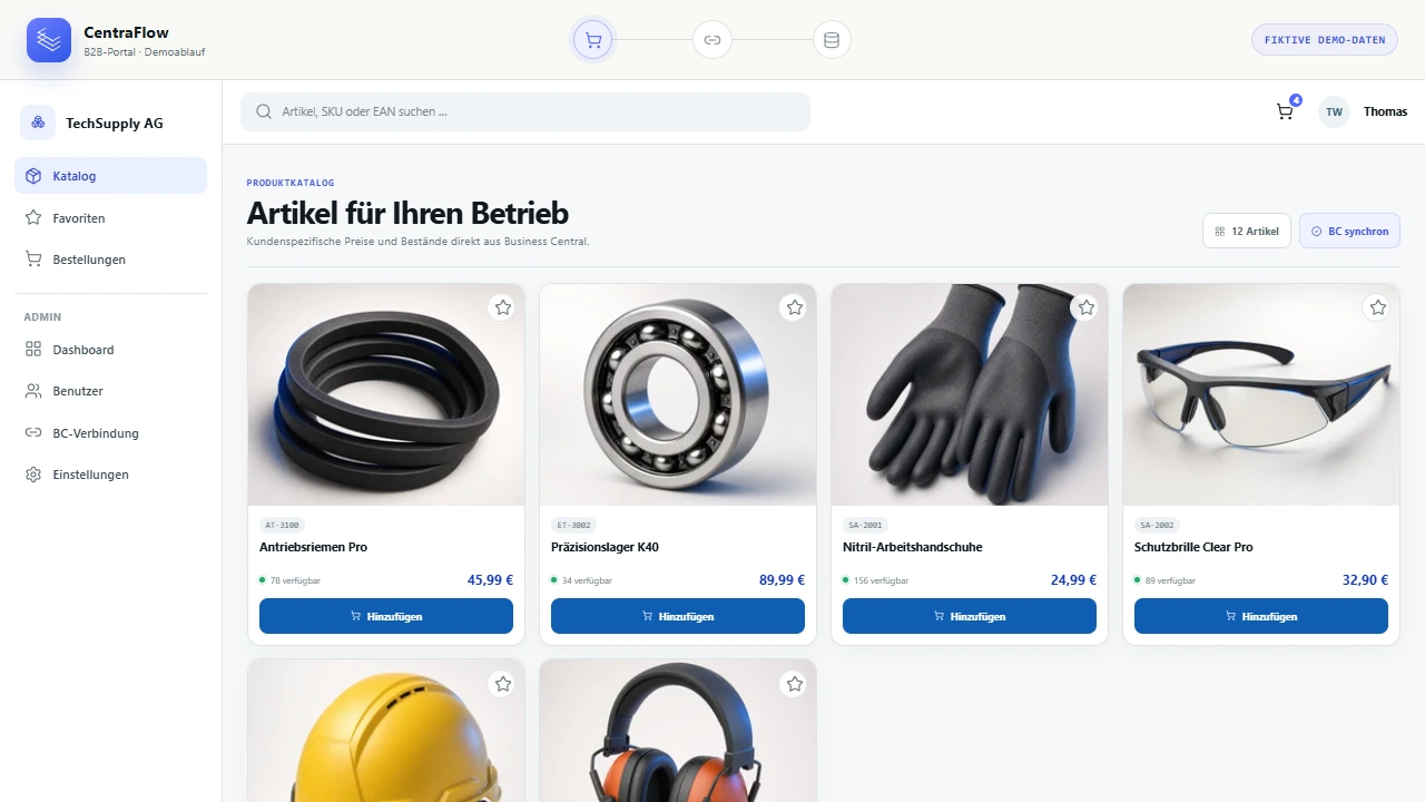 Demo eines B2B-Produktkatalogs mit Artikeln und Kundenpreisen