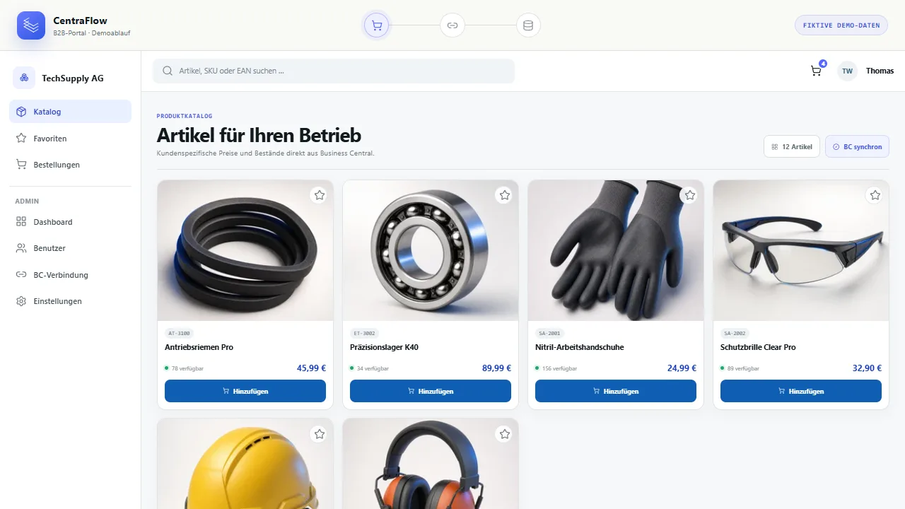 Premium-Demoansicht des CentraFlow B2B-Kundenportals mit hochwertigen Industrieartikeln