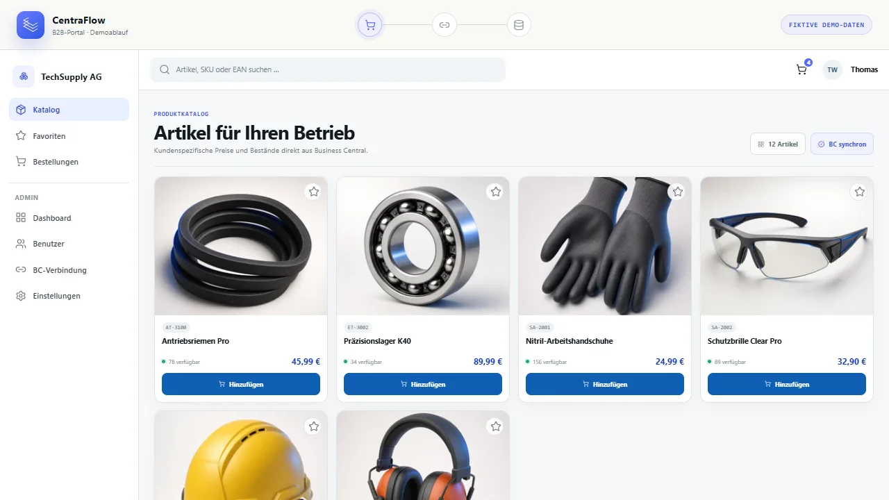 Premium-Demoansicht des CentraFlow B2B-Portals mit hochwertigen Industrieartikeln