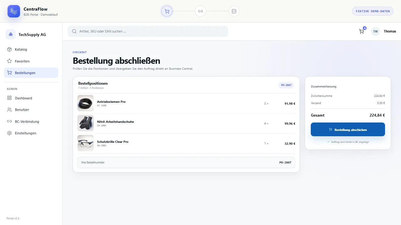Premium-Demoansicht des B2B-Portals beim Abschluss einer Bestellung